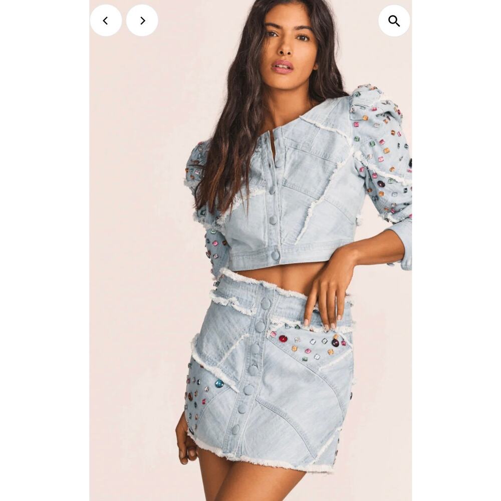LoveShackFancy Cayde Jewel embellished blue Denim Mini Skirt Size 2